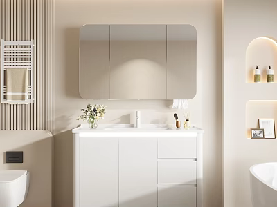 Modern White Bathroom Cabinet With Mirror Sink Lighted Niche And Decor 3d model
