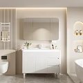 Modern White Bathroom Cabinet With Mirror Sink Lighted Niche And Decor