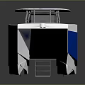 Blue And White Recreational Boat With Canopy Orange Seats And Life Jackets