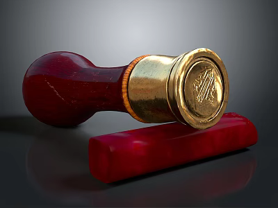 Vintage Wax Seal Featuring Red Wooden Handle Brass Stamp and Red Base 3d model