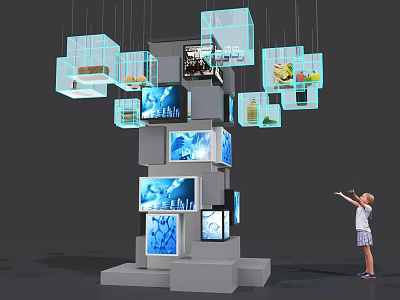 Gray Pillar Featuring Hanging Transparent Cubes With Various Display Items And Child Pointing 3d model