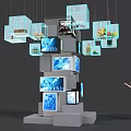 Gray Pillar Featuring Hanging Transparent Cubes With Various Display Items And Child Pointing