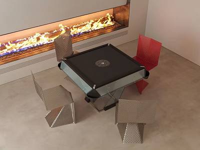 Modern Entertainment Table with Red and Metallic Chairs and Flaming Fireplace in Contemporary Interior 3d model
