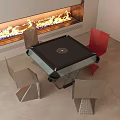 Modern Entertainment Table with Red and Metallic Chairs and Flaming Fireplace in Contemporary Interior