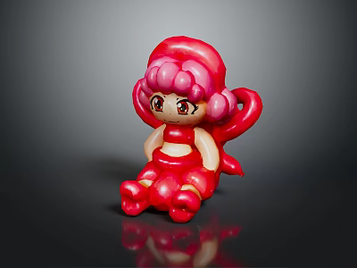 Red Cartoon Girl Doll With Pink Hair Sitting On Black Surface And Gray Background 3d model