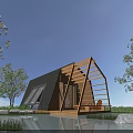 Modern A-frame Wooden House With Large Windows Surrounded By Water Trees Grass And Rocks
