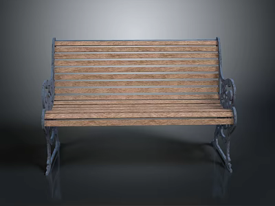 Classic Wooden Bench With Metal Armrests Slatted Seat On Gray Background 3d model