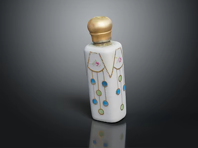 Elegant White Snuff Bottle With Golden Lid Floral Patterns And Bead Designs 3d model