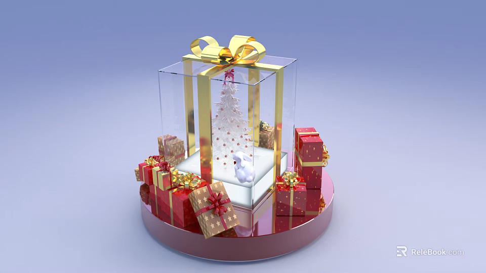 Transparent Gift Box With Golden Bow And Christmas Tree Decoration Surrounded By Gifts 3d model 