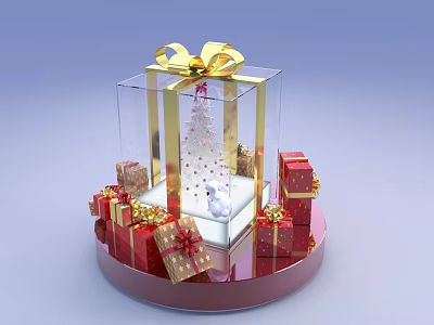 Transparent Gift Box With Golden Bow And Christmas Tree Decoration Surrounded By Gifts 3d model
