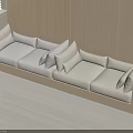 Beige Sofa With Multiple Cushions Against Wall Wooden Frame Light Carpet And Window Blinds