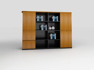 Modern Wooden Bookcase With Open Shelves Closed Cabinets Books And Decorative Vase 3d model