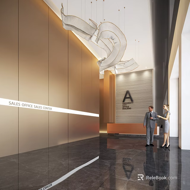 Front Desk Reception in Modern Sales Office Lounge With Staff Golden Wall and Marble Floor 3d model 