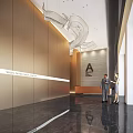 Front Desk Reception in Modern Sales Office Lounge With Staff Golden Wall and Marble Floor