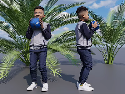 Two Men Holding Blue Ball Standing Outdoors By Palm Trees Under Blue Sky 3d model