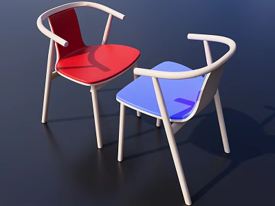 Modern Red And Blue Dining Chairs With Curved Armrests And White Legs 3d model