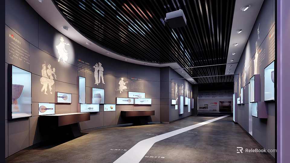Modern Cultural Center Interior with Silhouette Figures Display Counters and Wooden Ceiling Light Strips 3d model 