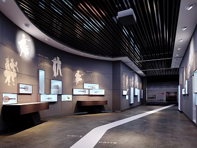 Modern Cultural Center Interior with Silhouette Figures Display Counters and Wooden Ceiling Light Strips 3d model