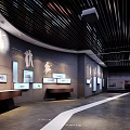 Modern Cultural Center Interior with Silhouette Figures Display Counters and Wooden Ceiling Light Strips