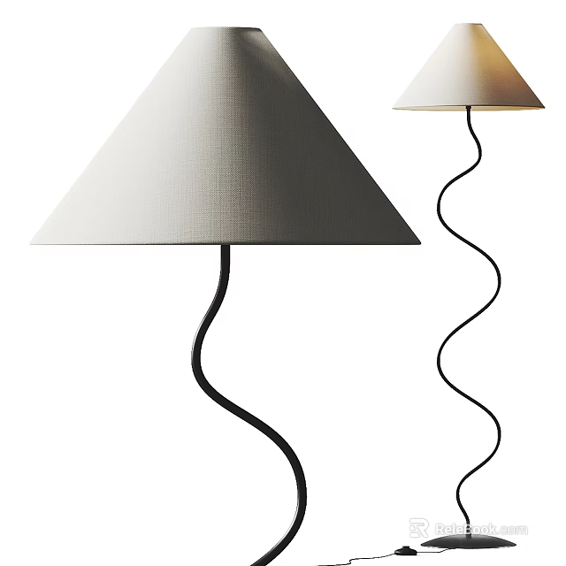 Two Modern Floor Lamps With Conical Fabric Shades And Curved Spiral Metal Stands 3d model 