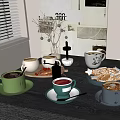Hot Coffee Beverages In Colorful Mugs With Cookies And Cinnamon Sticks On Kitchen Table