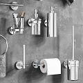 Modern Bathroom Accessories Including Shelves Towel Racks Soap Dispensers Towels And Toothbrush Holders