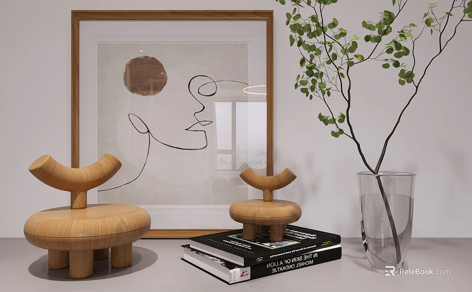 Minimalist Decorative Ornaments Set With Framed Artwork Wooden Sculptures Glass Vase And Green Branches 3d model 
