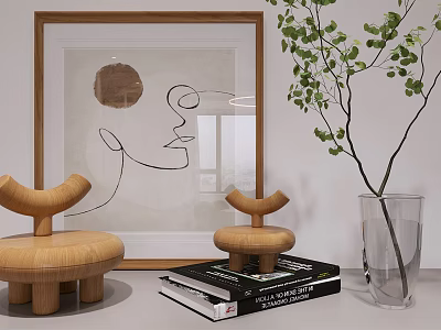 Minimalist Decorative Ornaments Set With Framed Artwork Wooden Sculptures Glass Vase And Green Branches 3d model