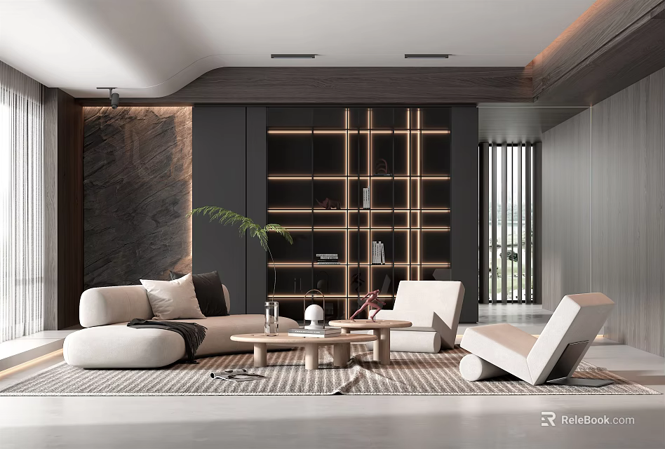 Modern Living Room Interior With Sofa Coffee Table Bookshelf And Potted Plant 3d model 