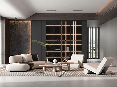 Modern Living Room Interior With Sofa Coffee Table Bookshelf And Potted Plant 3d model