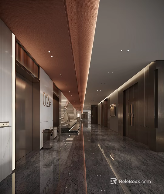 Modern Elevator Lobby Interior With Metallic Doors Marble Floor And Ceiling Lights 3d model