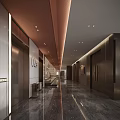 Modern Elevator Lobby Interior With Metallic Doors Marble Floor And Ceiling Lights 3d model
