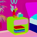 Cozy Bedroom Interior Design with Modern Nightstand Green Plants Books Vase Radio and Striped Blanket