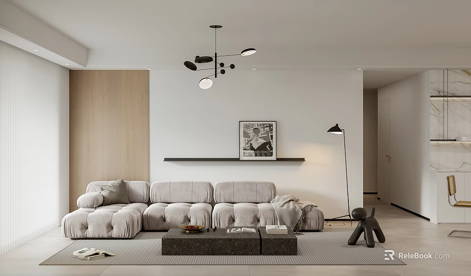 Modern Living and Dining Area Interior with Gray Sofa Hanging Lamps and Wooden Wall 3d model 