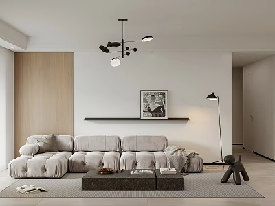 Modern Living and Dining Area Interior with Gray Sofa Hanging Lamps and Wooden Wall 3d model