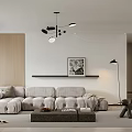 Modern Living and Dining Area Interior with Gray Sofa Hanging Lamps and Wooden Wall