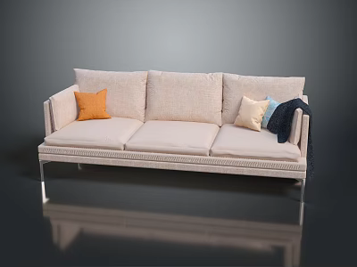 Light Beige Linen Three Seater Sofa With Metal Legs And Decorative Accent Pillows 3d model