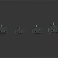 Four Black Vintage Train Models Arranged in a Row on White Background