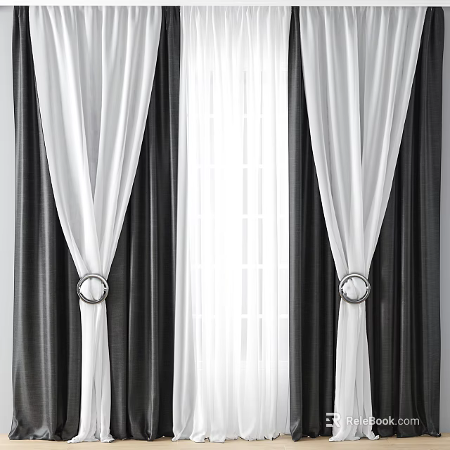 Black And White Curtains With White Sheer Panels Dark Side Panels And Ring Hooks 3d model 