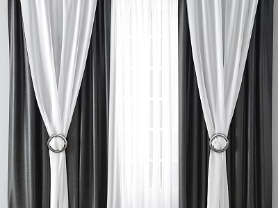 Black And White Curtains With White Sheer Panels Dark Side Panels And Ring Hooks 3d model