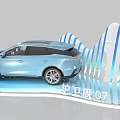 Frigate 07 Blue SUV Display On Modern Platform With Mountain Shaped Decorations