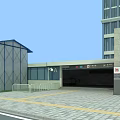 Parking Entrance Area With Tall Modern Building And Stone Wall Structure