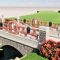 Red Bridge Railing With Circular Decoration Stone Pillars Green Plants And Bamboo Carvings