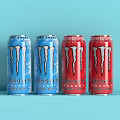 Monster Energy Drinks Four Blue And Red Cans On Light Blue Background 3d model