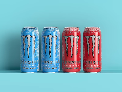 Monster Energy Drinks Four Blue And Red Cans On Light Blue Background 3d model