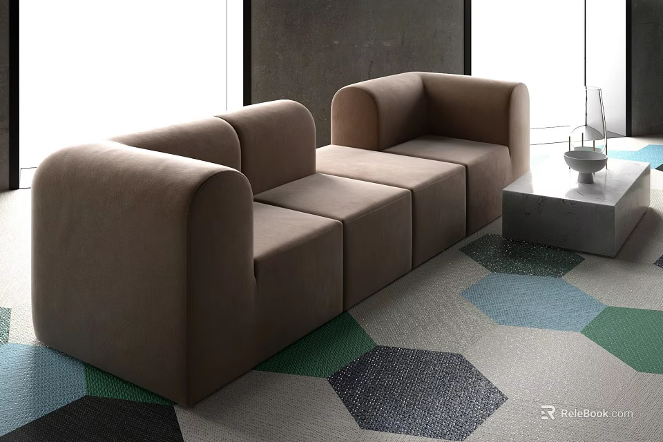 Modern Beige Modular Sofa And Minimalist Coffee Table Set With Curved Design And Geometric Rug 3d model 