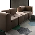 Modern Beige Modular Sofa And Minimalist Coffee Table Set With Curved Design And Geometric Rug