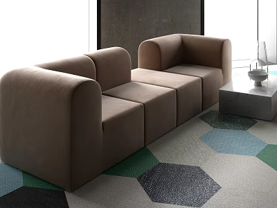 Modern Beige Modular Sofa And Minimalist Coffee Table Set With Curved Design And Geometric Rug 3d model