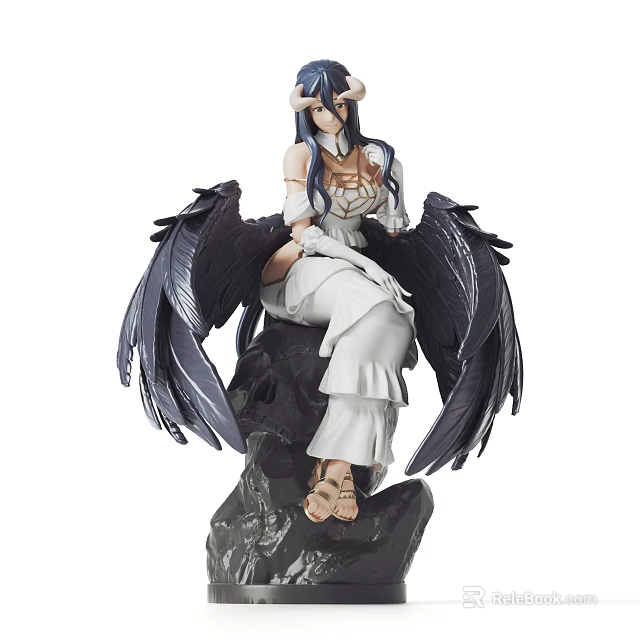 Detailed Anime Collectible Figure With Female Character Black Wings White Dress And Rock Base 3d model 