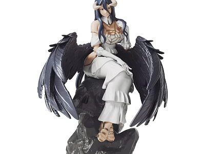 Detailed Anime Collectible Figure With Female Character Black Wings White Dress And Rock Base 3d model